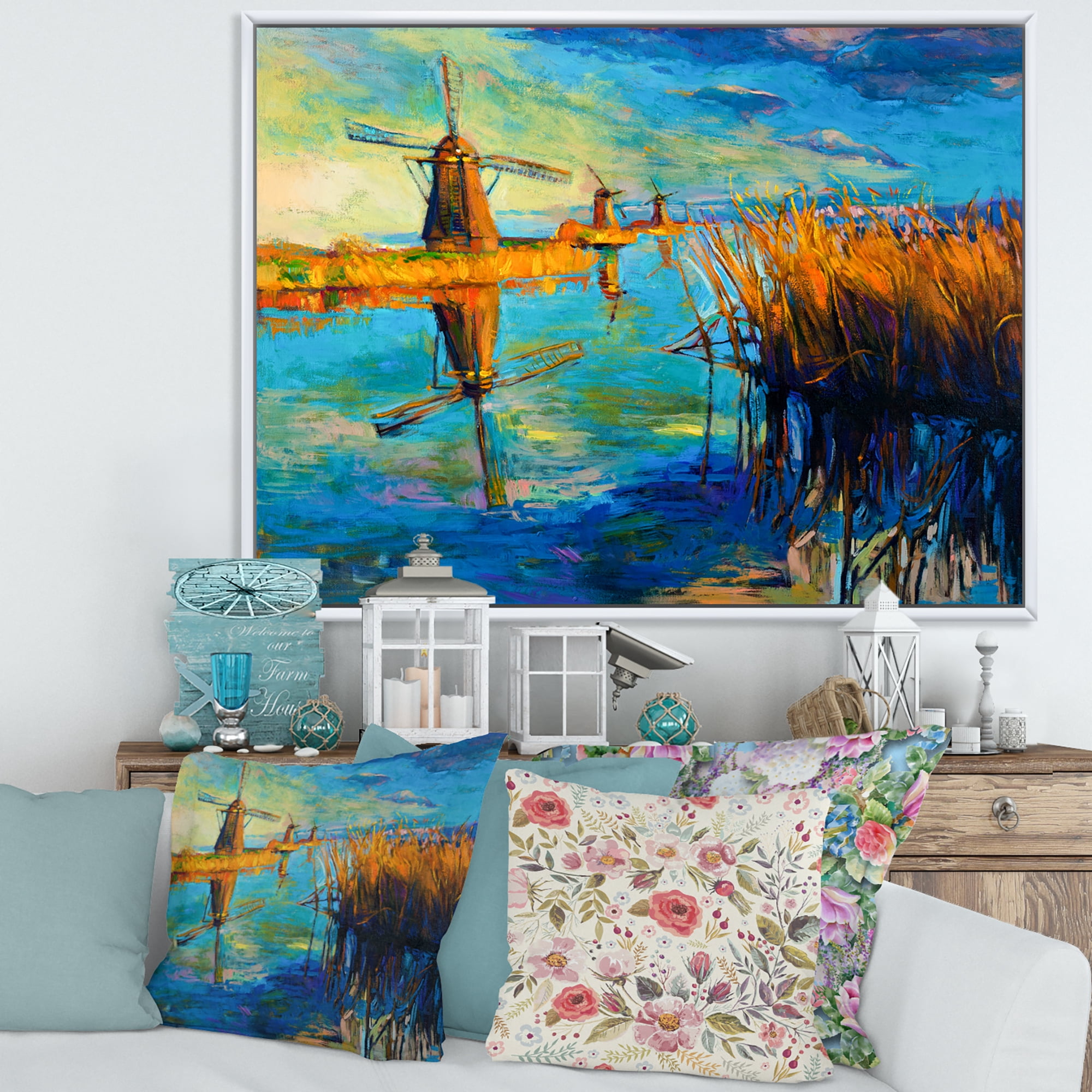 Designart 'The Deep Blue Lake And Windmills' Nautical & Coastal Framed Canvas Wall Art Print