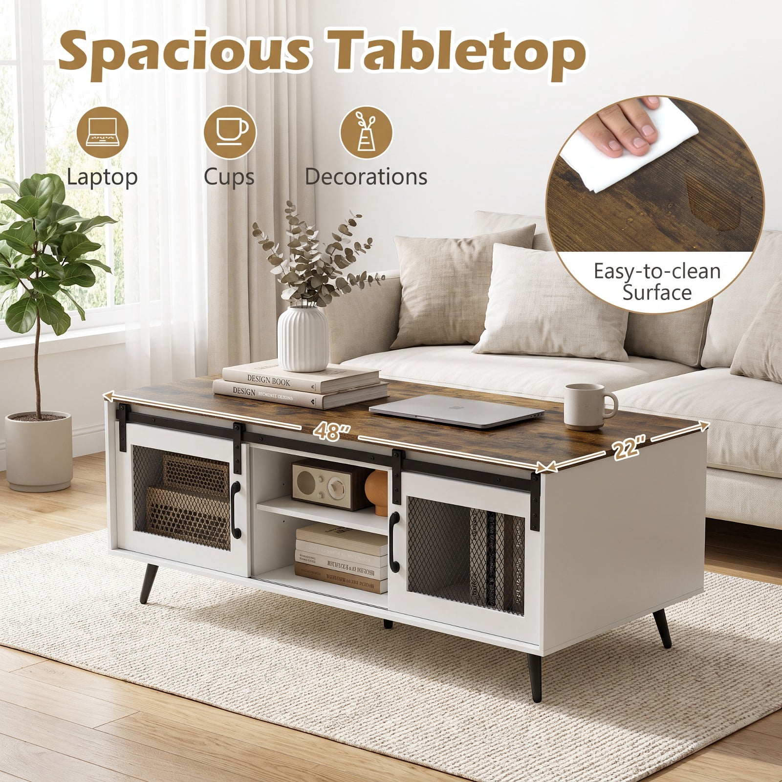Furnibear 48 Inch Farmhouse Coffee Table with Sliding Mesh Doors Adjustable Shelf and Two Cabinets for Living Room, Rustic Brown