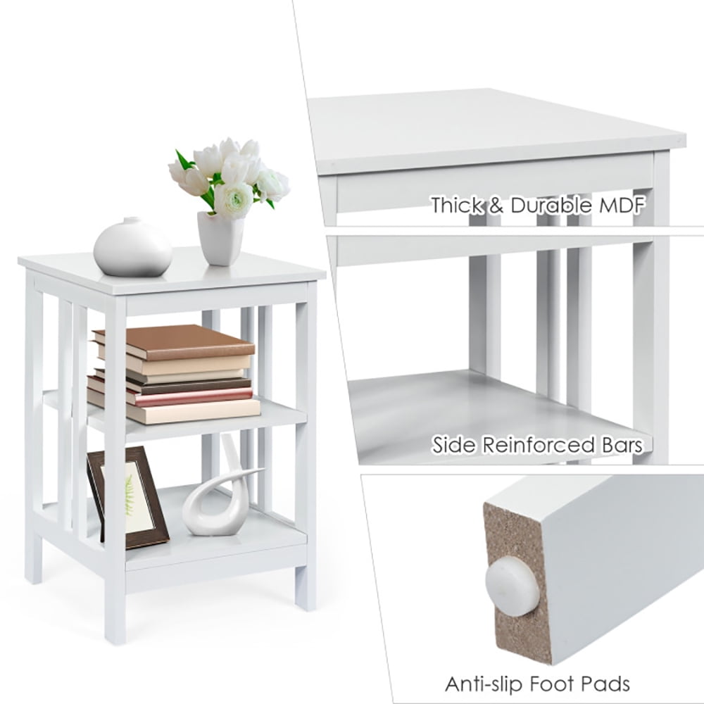 Finihen Side Table, Sofa Side Table, Bed Side Table, 3-Tier Nightstand Sofa Side Table with Baffles and Round Corners, for Living Room, Bedroom, White