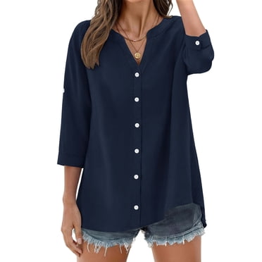 Fantaslook Womens 3/4 Sleeve Button Down Shirts V Neck Roll Up Sleeve Tops Cotton Linen Casual Summer Blouses Shirts