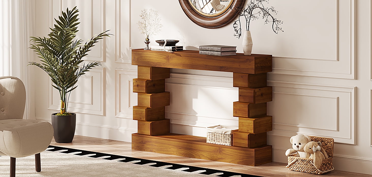 Lisonu 47" Geometric Console Table, Modern Wood Block Sofa Table for Entryway Living Room, Artistic Hallway Accent Furniture, Warm Natural Brown Finish