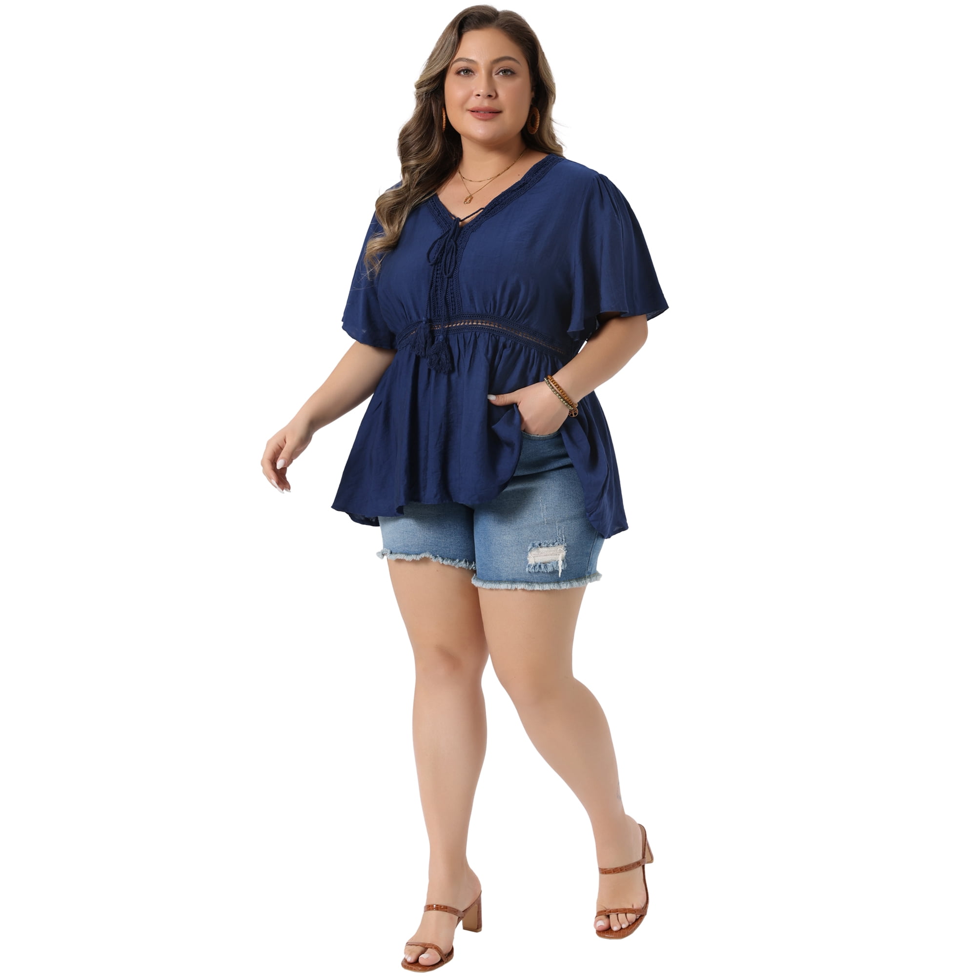 DARING DIVA Women's Plus V Neck Tie Peplum Blouse 3X Navy Blue