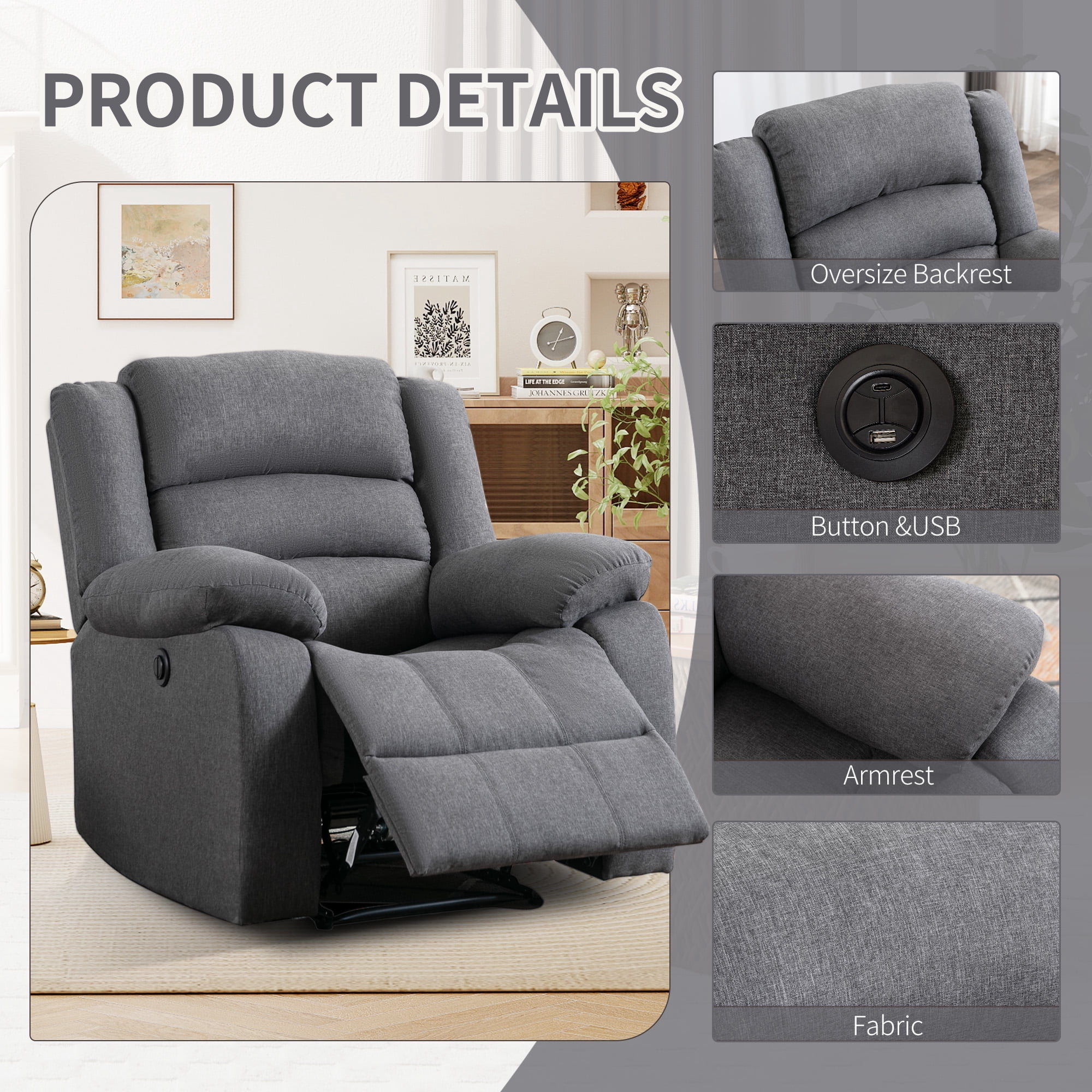Bonzy Home Power Recliner Chair for Big and Tall，Single Sofa for Living Room Chair，Gray