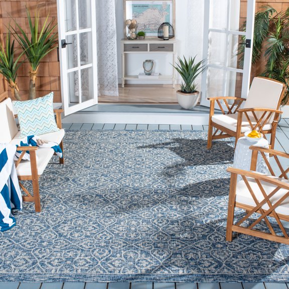 SAFAVIEH Courtyard Lillie Geometric Indoor/Outdoor Area Rug, Navy/Grey, 8' x 11'
