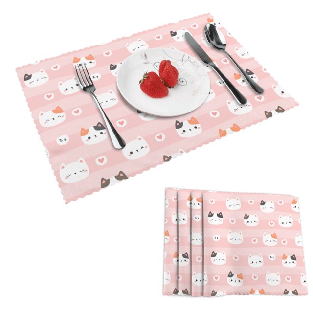 DouZhe Ensemble de 4 Napperons en Polyester, Motif Chats Mignons Cœurs Roses Résistants à la Chaleur pour Table à Manger, 12 Pouces x 18 Pouces