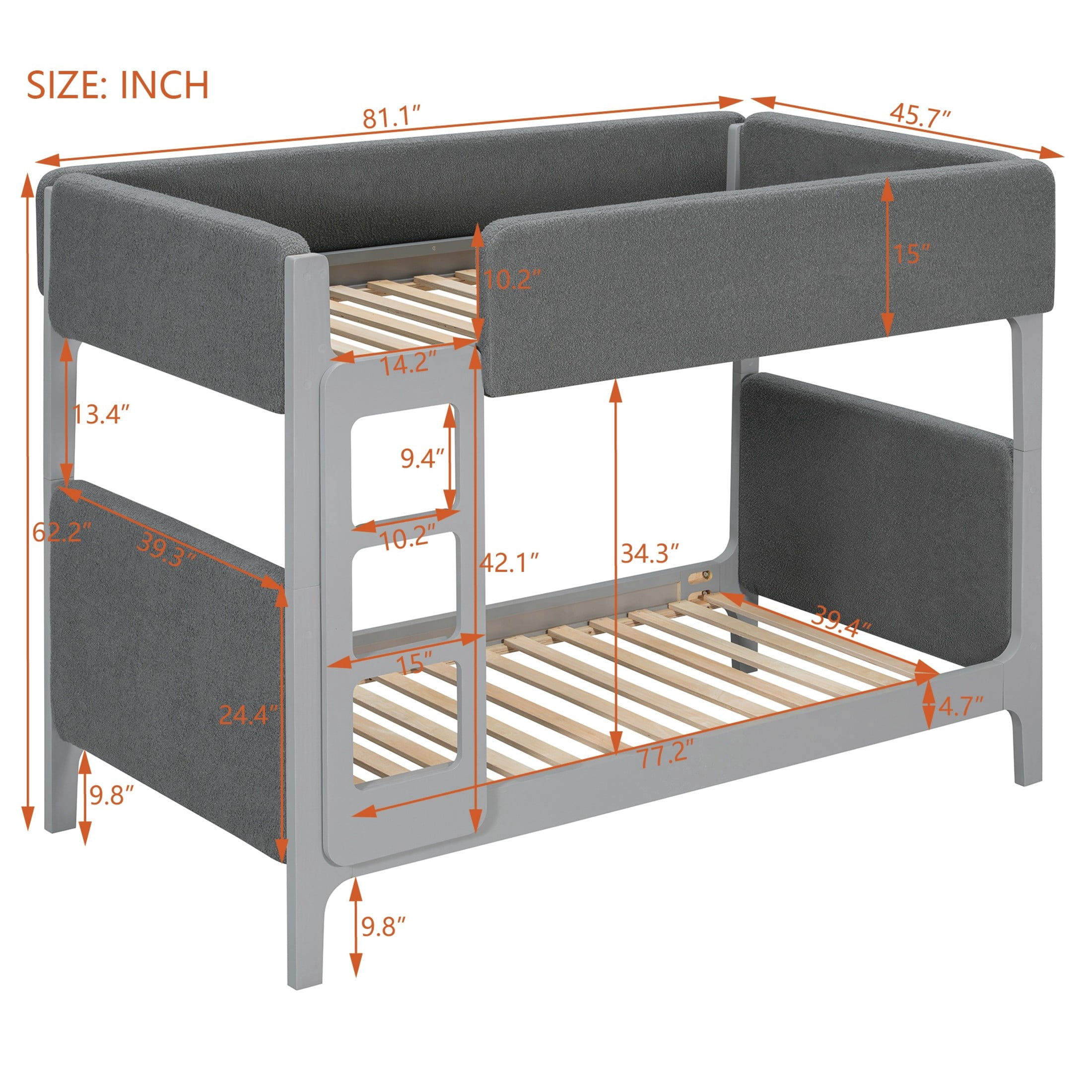 Christopher Knight Home Twin Over Twin Upholstered Bunk Bed for Kids, Thick Padded Headboard, Gray