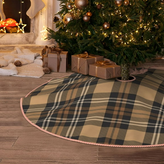 Halloween Christmas Tree Skirt - khaki coffee plaid 30 Inches Christmas Tree Skirt for Halloween Holiday Indoor Home Christmas Tree Decorations with Three Ribbons