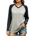 thumbnail image 2 of Women V Neck Raglan Color Block Long Sleeve T-Shirt Loose Relaxed Fit Contrast Sleeve Solid Spliced Casual Basic Top Fashion Versatile Layering Tee for Autumn Winter, 2 of 7