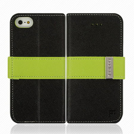 iPhone 5/5s Wallet Case by Feelook [Black/Lime Green] Faux Leather TPU Case Featuring Credit Card / ID Slots and Stand