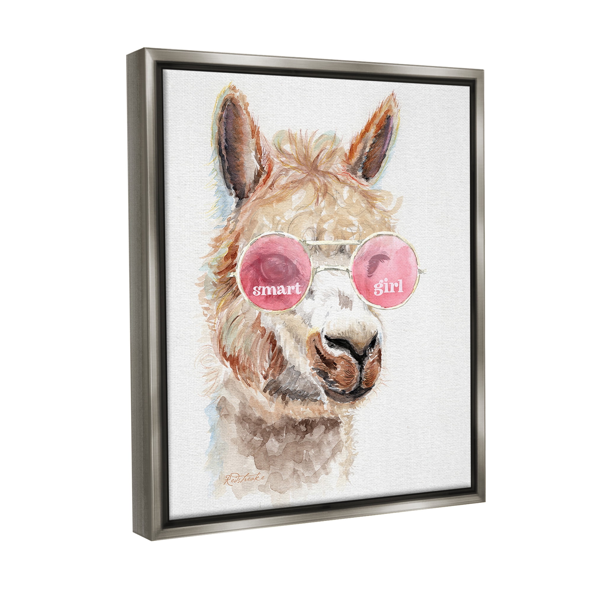 Stupell Industries Smart Girl Llama Animals & Insects Painting Gray Floater Framed Canvas Art Print Wall Art, 17 x 21