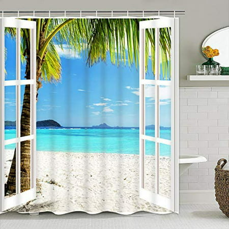 4 Pcs Beach Window Shower Curtain Set, Beach Window Curtains For Bathroom