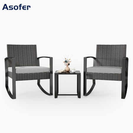 Asofer 3-Piece Patio Furniture Set, Rocking Wicker Chair With Soft Cushion And Coffee Table, For Garden, Balcony, Backyard, Gray