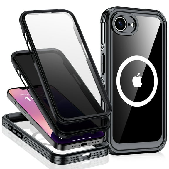 ANTSHARE For iPhone 16E Case, Double Front Frame Built-in 9H Tempered Glass Screen Protector Privacy Screen Protector, Compatible with MagSafe, Magnetic Phone Case For iPhone 16E(SE4)-Black