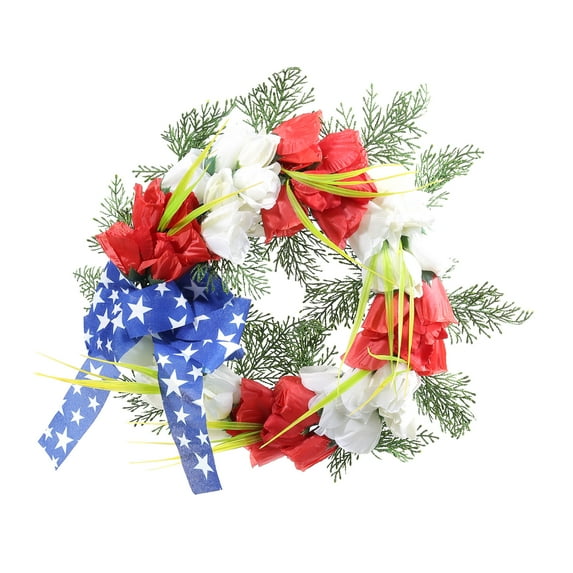 18 Inch Independence Day Artificial Tulip Wreath Patriotic Wreath with Ribbon Red White Blue Wreath Front Door July 4th Wreath