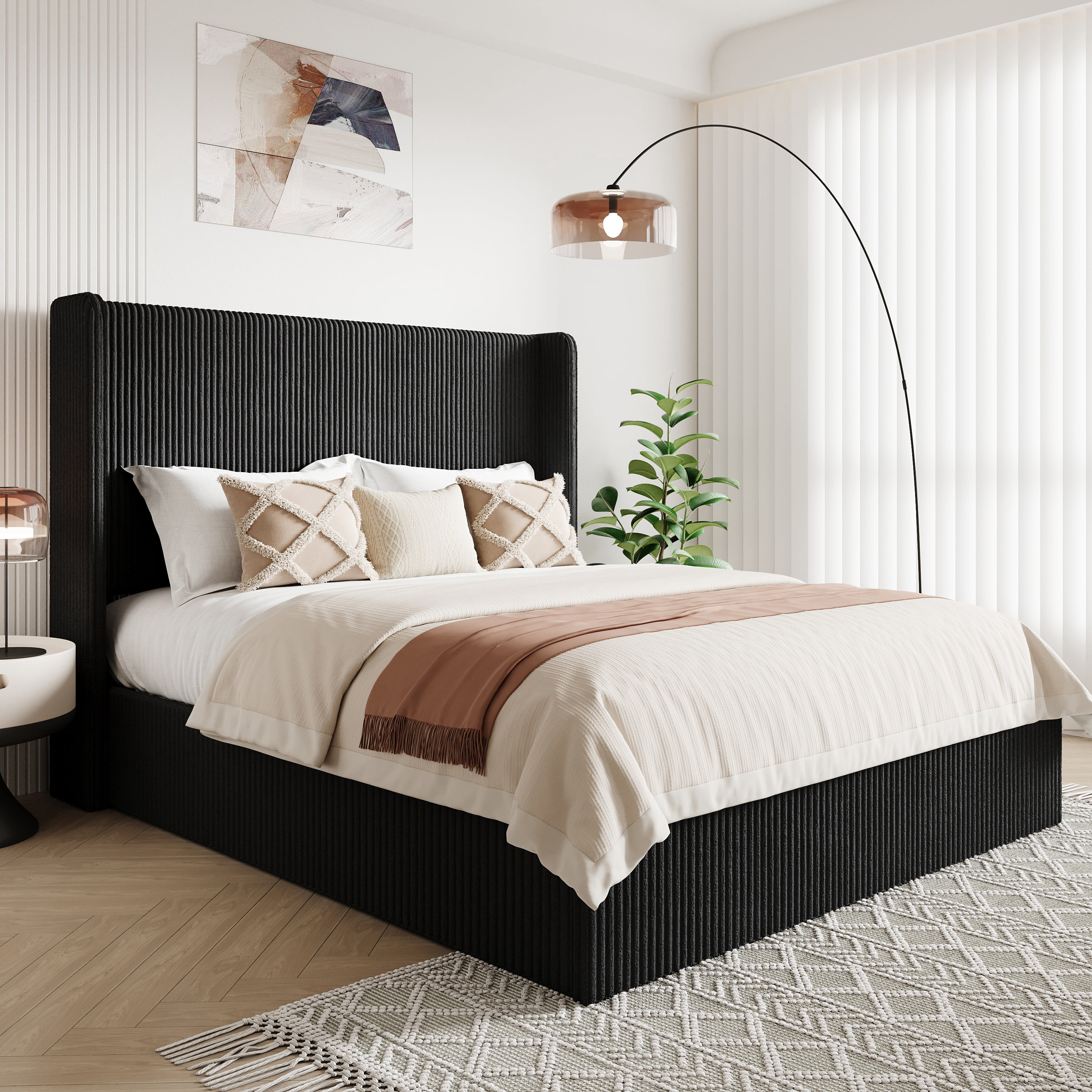 Allewie Queen Size Lift-Up Storage Bed Frame with Modern Wingback Headboard, Corduroy Upholstered Platform Bed, Hydraulic Gas Lift Support, Underbed Storage, Wooden Slats, No Box Spring Needed, Black