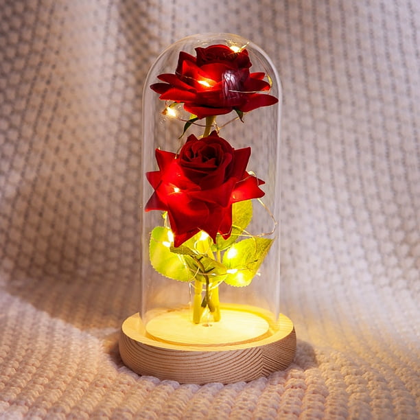 Xihbxyly Rosa de Cristal Decorativa, Diseño Romántico de Luz, Vidrio de Borosilicato Alto, Base de Madera, Regalo de San Valentín, Decoración para Bodas, Duradera, Tamaño 13 X 13 X 25,5 Cm.