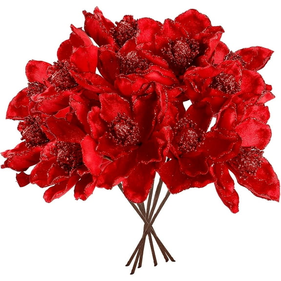 5Pcs 10inch Christmas Glitter Flowers Christmas Tree Ornaments Artificial Poinsettia Flower Stems Floral Picks for Xmas Wedding DIY Crafts Wreath Party Floral Decorations