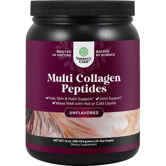 Natures Craft Multi Collagen Peptides, Hydrolyzed Protein Powder for Skin and Bone Joint Support, 1 lb