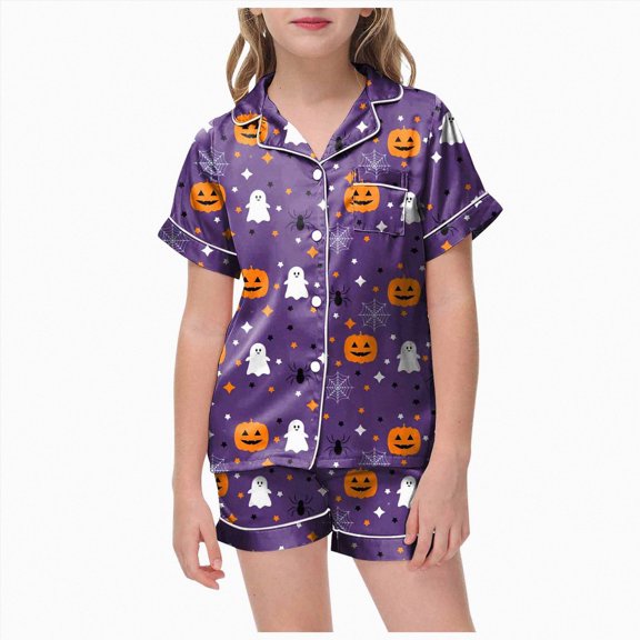 TOWED22 Halloween Pajamas Girl Cute Satin Pumpkin Print Short Sleeve Button Down Top and Shorts Matching Sleepwear,10-11 Y