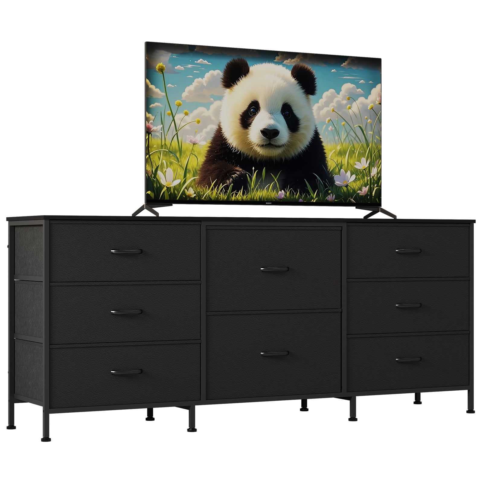 PYY 8-Drawer Black Fabric Dresser TV Stand for Bedroom, Living Room, Home Office - 63" Wide Storage Chest with Wooden Top, Metal Frame, Entertainment Center Fits 65-75" TVs - Black