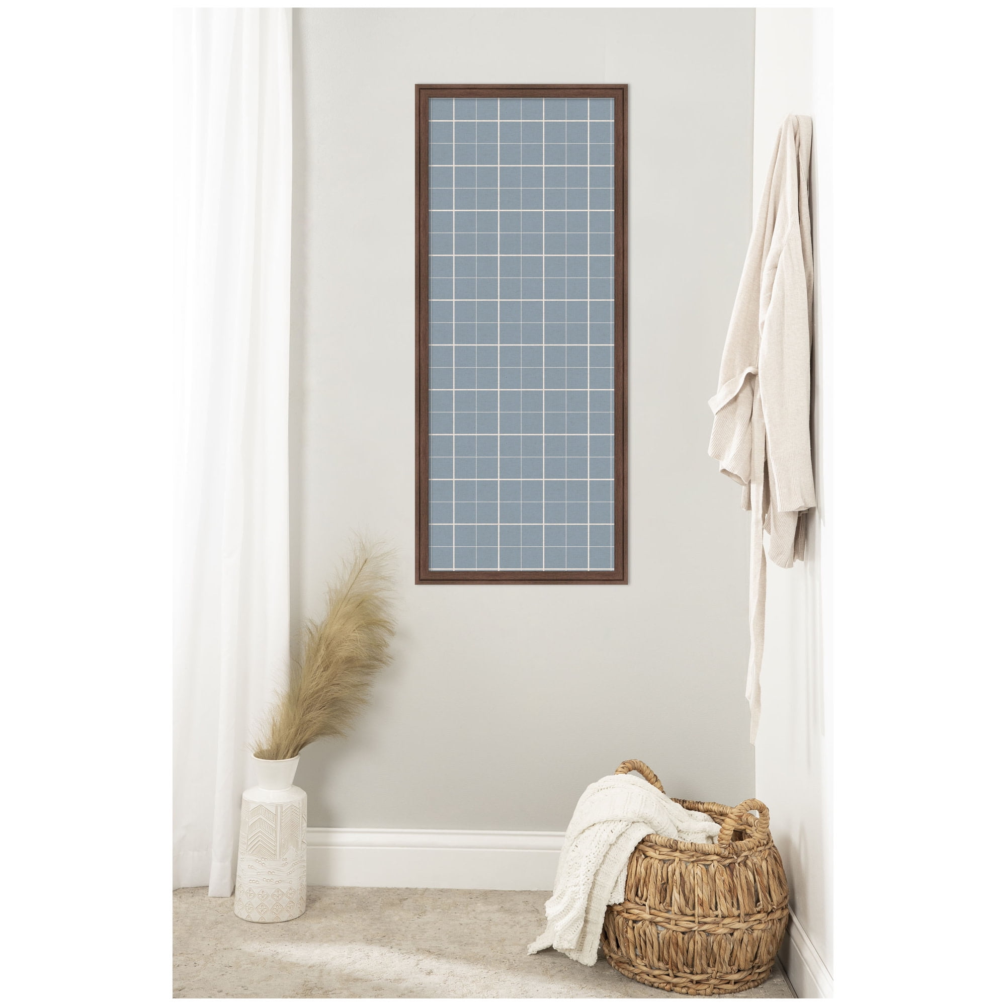 Kate and Laurel Framed Fabric Pinboard 18 x 42, Light Blue Plaid Printed Linen Classic Bulletin Board for Use as a Vision Board or Wall Organization, Florence Medium Brown Frame