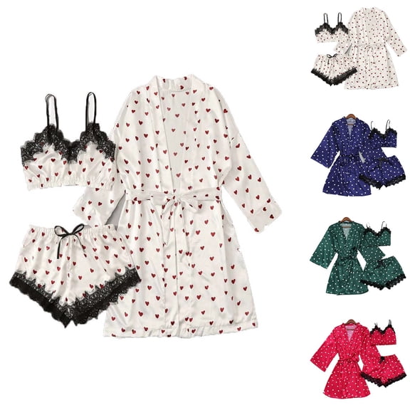 Asxite Bath Robe Solid Heart Print Bralette Lace Ice Satin Camisole 3 Piece Pajamas for Women Set