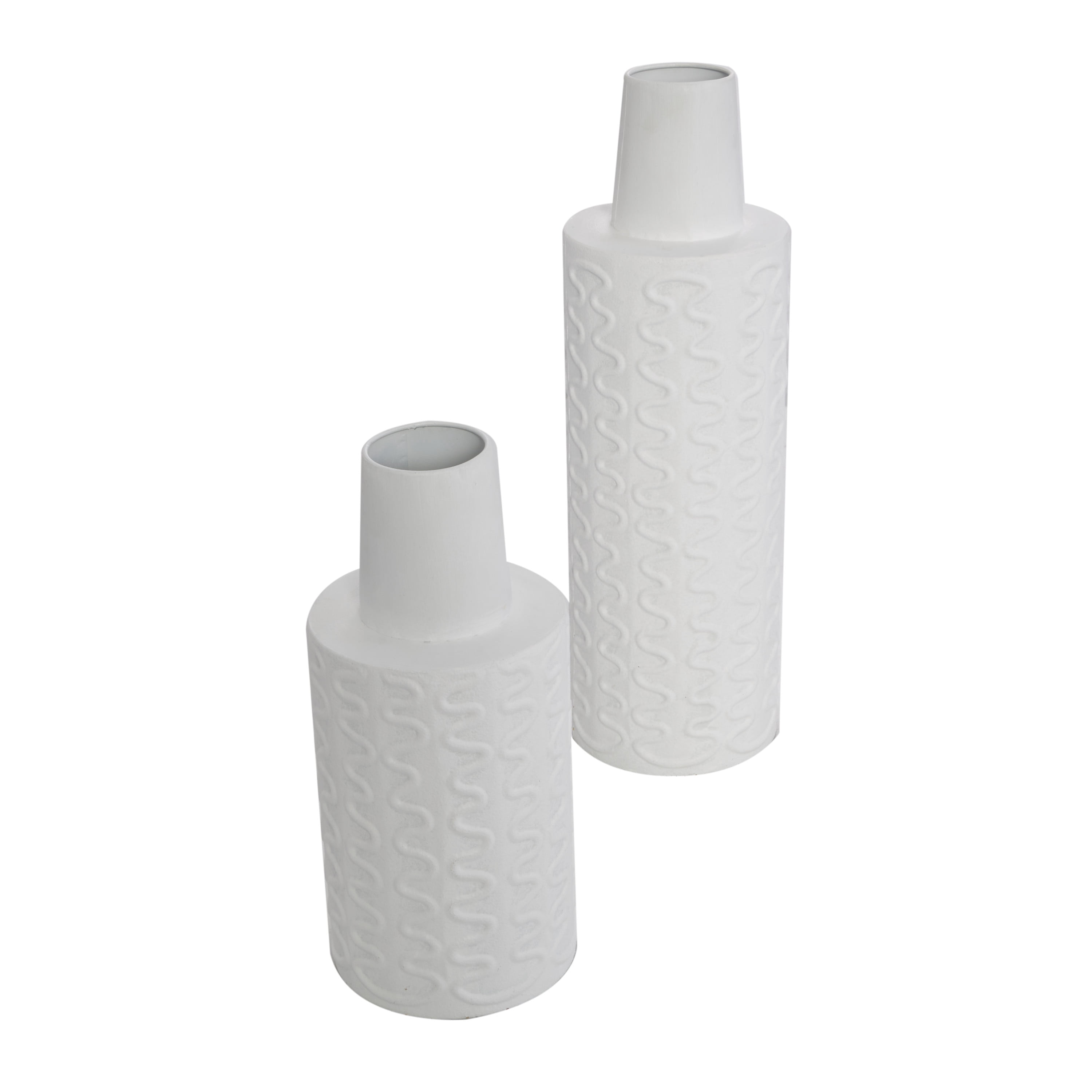 DecMode 16", 11"H Abstract Wavy Textured White Metal Vase, Set of 2