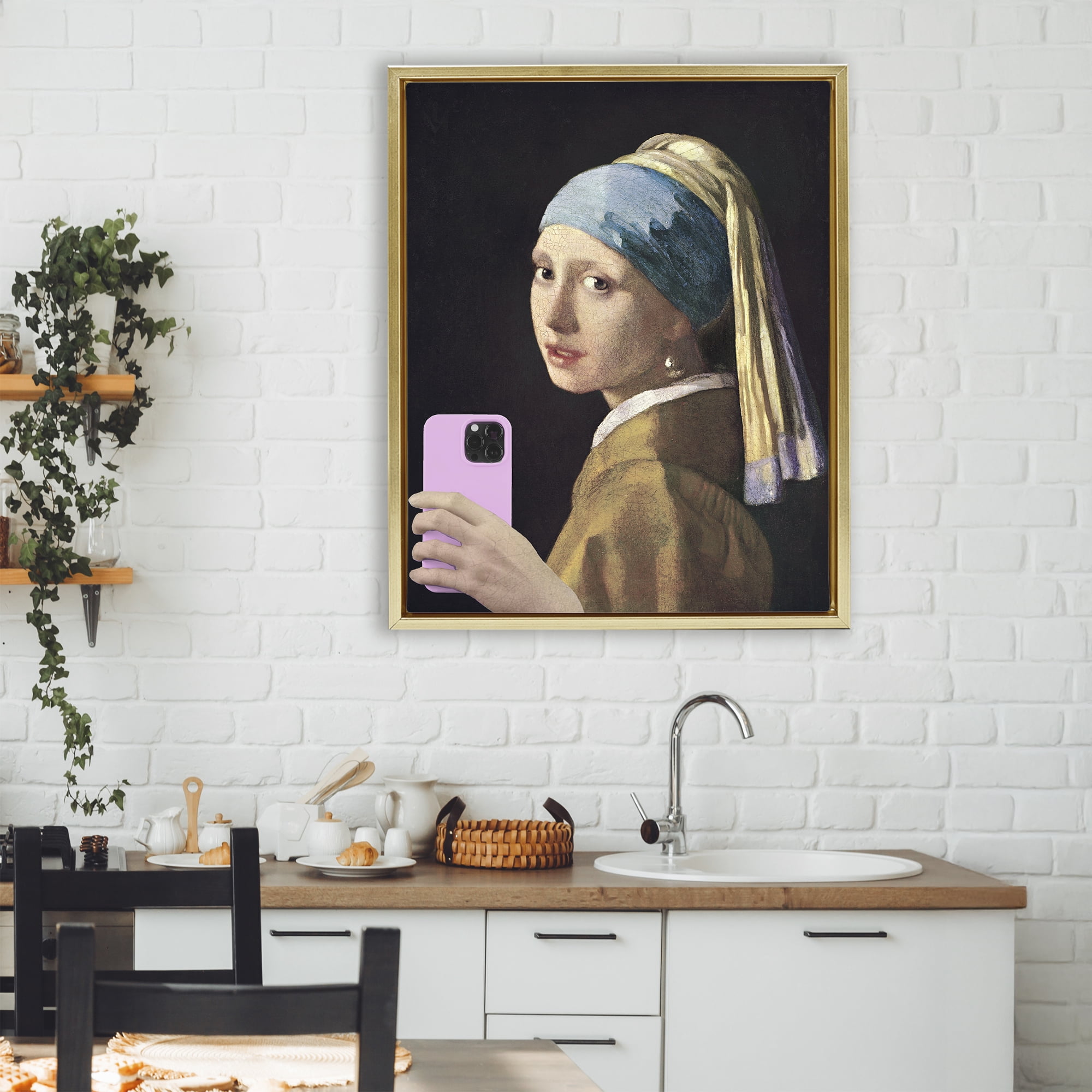 Girl With Pink Phone Funny Gold Framed Floater Canvas Wall Art, design by Masters Redux