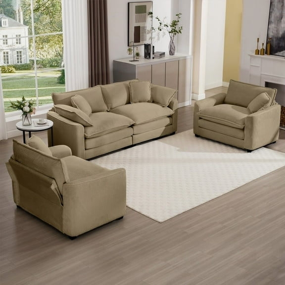 The Home Theater Style Sofa Set: One 2-Seater and Two Single Sofas in Tan Corduroy with Soft Cushions and Pillows