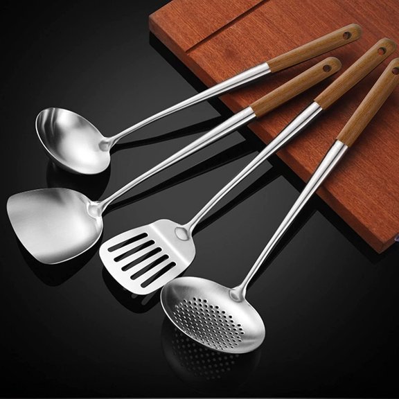 Wok Utensils for Carbon Steel Stainless Steel Wok Spatula Metal, 4-Pieces 17 Inch Extra Long, Wok Tools Professional Set, Wooden Handle Skimmer, Soup Ladle, Slotted Turner