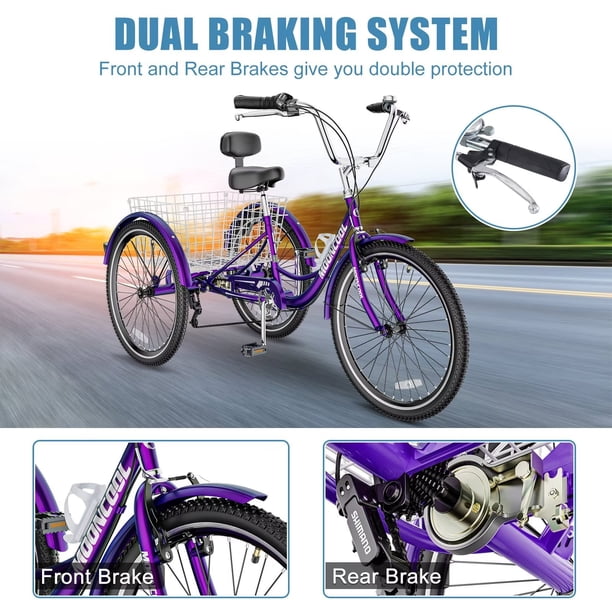 3 wheel bicycle with gears Trike Three Wheeler Adult Veneto 24in Tricycle 7 Speed Red Special Needs Balancing Bike Comes with 24 in H&ZT Adult Tricycle, 3 Wheeled