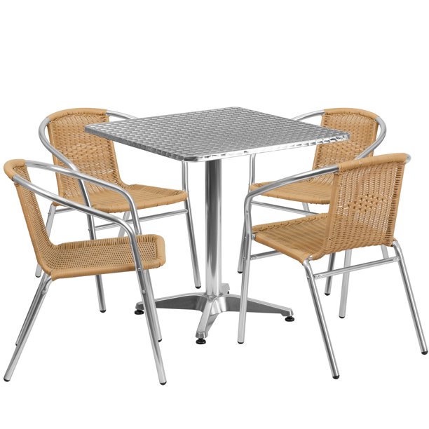 Flash Furniture Outdoor Patio Dining Set, Aluminum Table with 4 Rattan