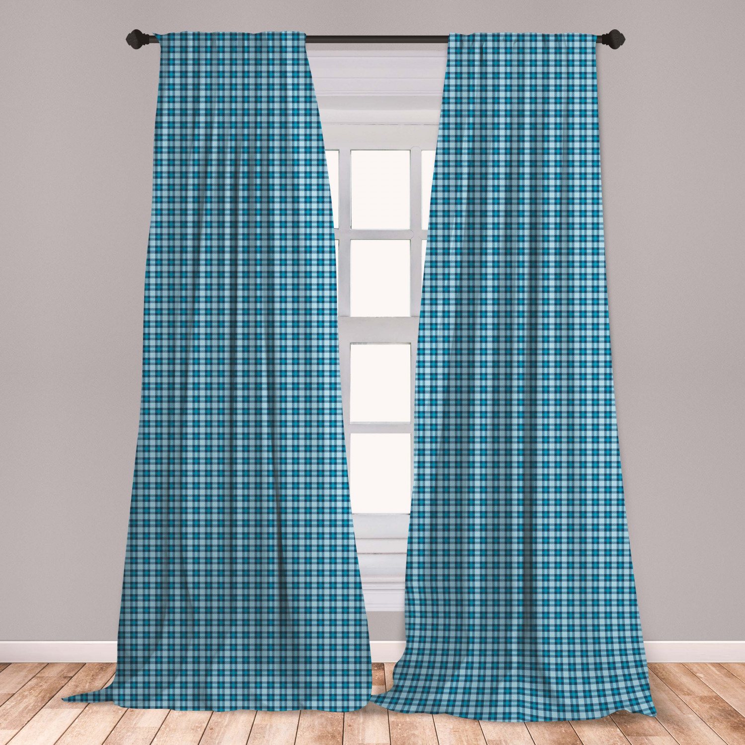 Checkered Curtains 2 Panels Set, Intersecting Stripes and Squares