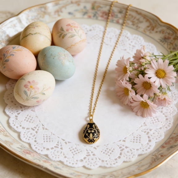 Easter Egg Pendant Necklace, Vintage Enamel Egg Charm Gold Chain Jewelry Elegant Spring Accessory, for Women Easter Party Holiday Gift