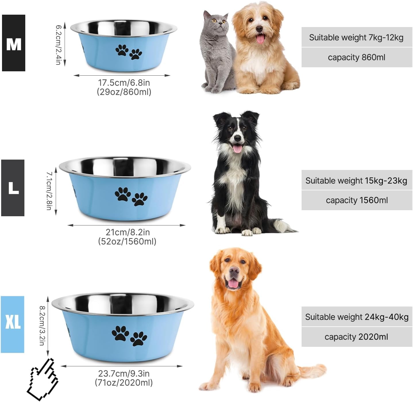 Dog Bowls 2 Pack Small Medium Dogs Feeding Food Water Bowl with Non-Slip Silicone Sole, Stainless Steel Dog Dishes Elevated Raised Pet Feeder (Blue, XL(8.5 Cups)