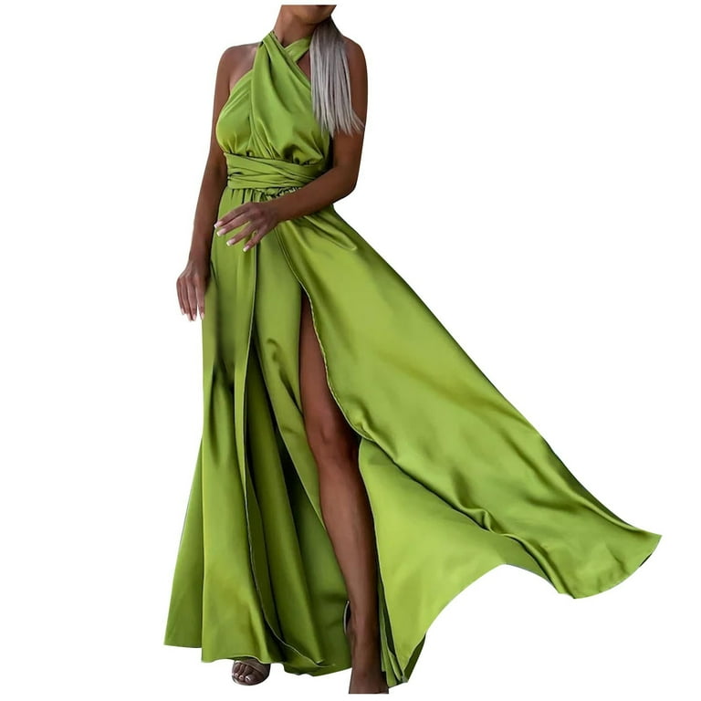 ZZwxWA Elegant Skew Collar Sleeveless Tie Waist Solid Dress for Womens  Ruffle Swing Flowy High Slit Maxi Dresses Summer Evening Club Party  Cocktail Sundress Yellow Large - Walmart.com