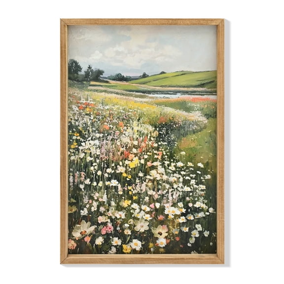 Euroco Vintage Landscape Wall Art,16x24in Framed Canvas Prints Art Classical Wildflower Field Meadow Flowers Painting, Rustic Landscape Large Wall Art for Living Room Bedroom Home Bathroom Wall Decor