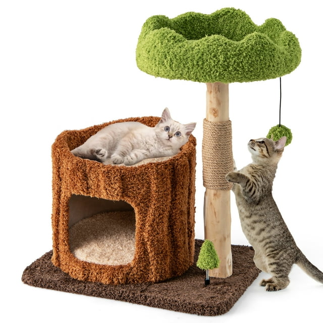 Gymax Arbre à Chat Multifonction avec Poteaux à Griffer Recouverts de Sisal, Perchoir Supérieur Moderne