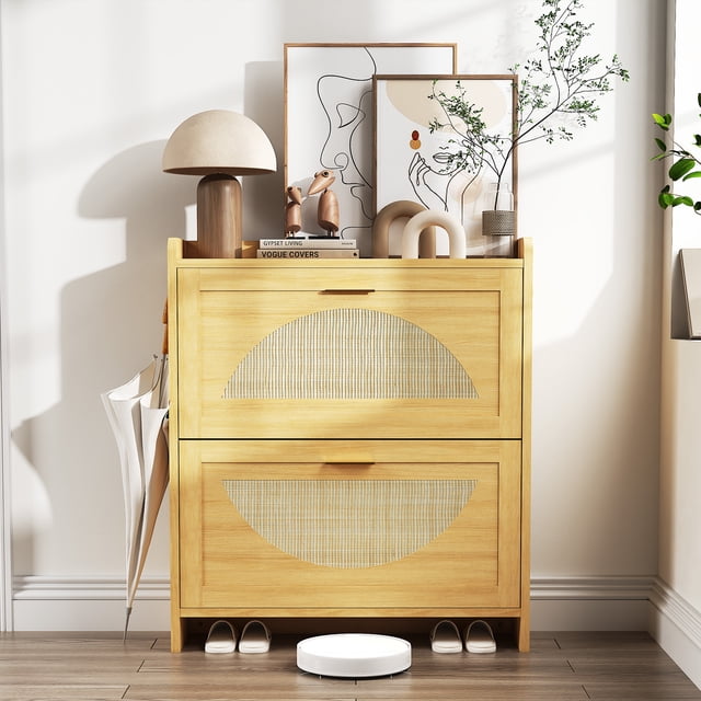 EDTara Space-Saving Rattan Shoe Cabinet, 2-Tier Flip Drawer Design for Entryway Shoe Storage
