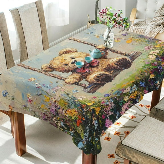 YAZAOO Square Tablecloth Bear on Swing Painting Pattern Tableclothes