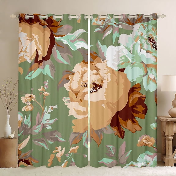 Homewish Vintage Green Flower Black Out Curtains for Female, Rustic Farmhouse Curtains Pack of 2 (42x63 Each), Western Old Fashion Bedroom Curtains, Blackout Curtains Home Decor