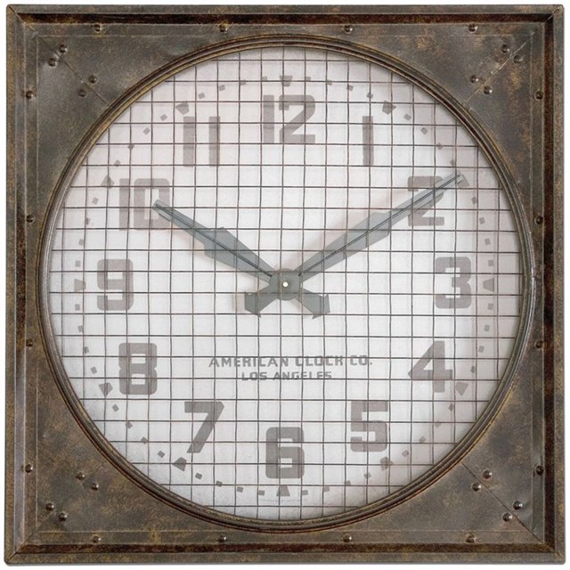 Uttermost Entrepôt Fer MDF Horloge Murale avec Gril en Rouille Marbrée Brun/blanc