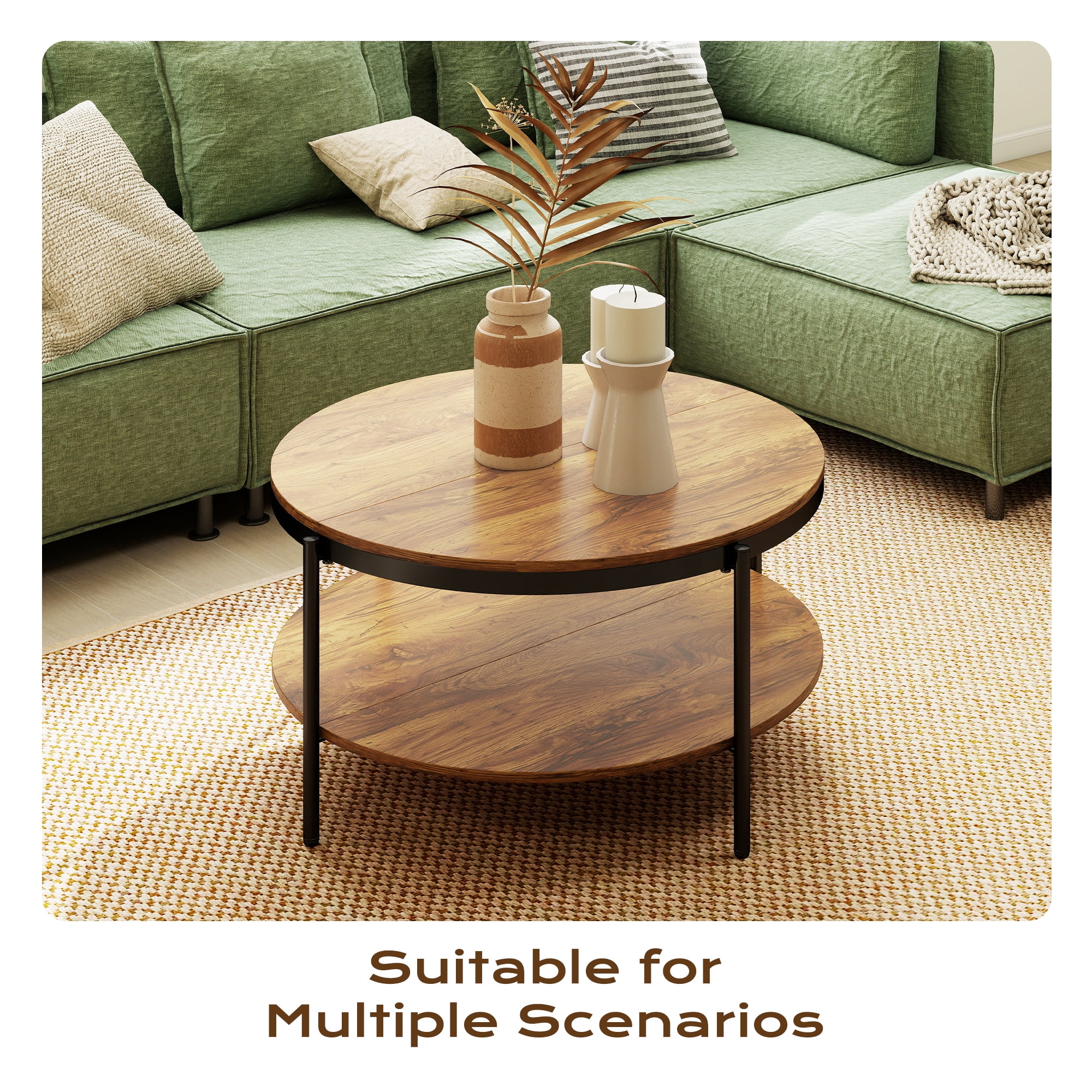 Manxile Round Coffee Table with Storage for Living Room,Mid Century Center Table-2 Tier Design,Red Oak