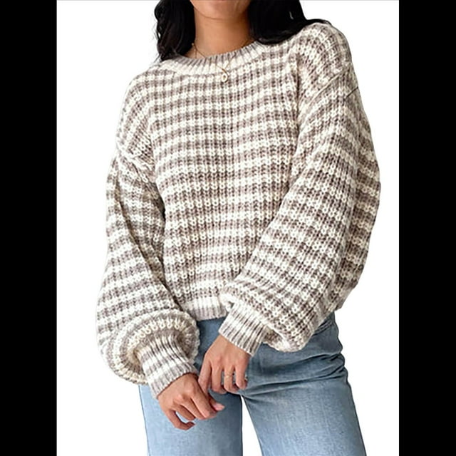 Suéter Vintage A Rayas para Mujer, Cuello Redondo, Larga, Corte en Bloque de Color, Informal, Holgado, de Punto Caqui L