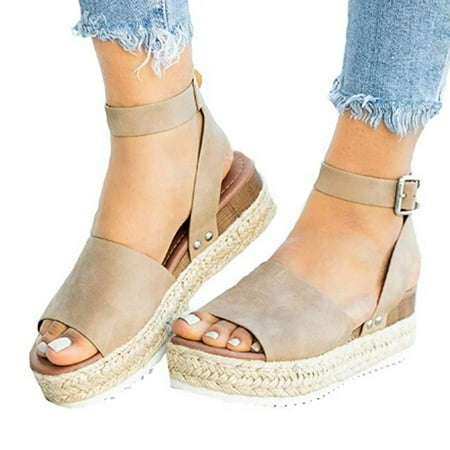 

HIMIWAY Sandals Women Women s Sandals Casual Women s Rubber Sole Studded Wedge Buckle Strap Open Toe Sandals Khaki 38