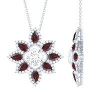Rosec Jewels Lab Grown Diamond Flower Necklace - Diamond Garnet Necklace for Women - EF-VS Quality Certified - with Jewelry Box, 14K White Gold
