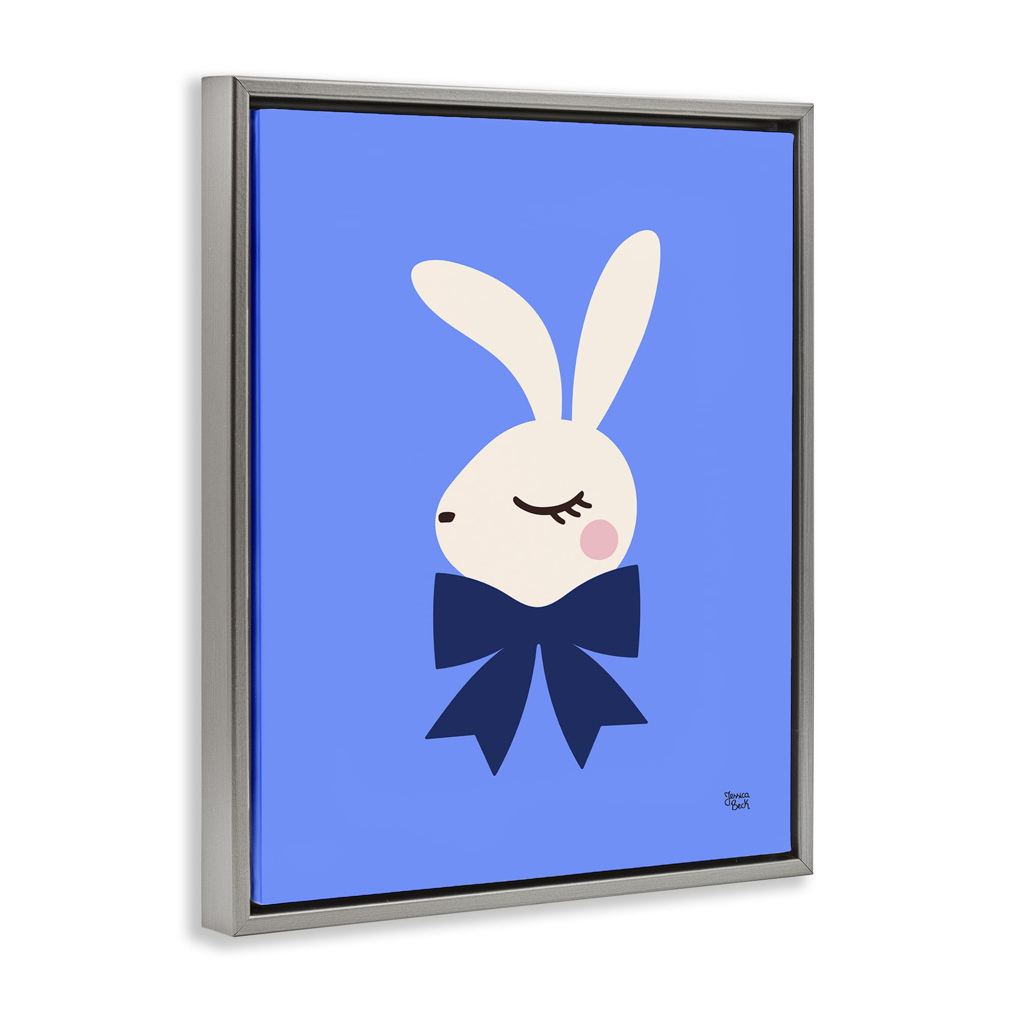 Stupell Industries Rabbit with Ribbon on Blue Animals Painting Gray Floater Framed Canvas Art Print Wall Art, 17 x 21