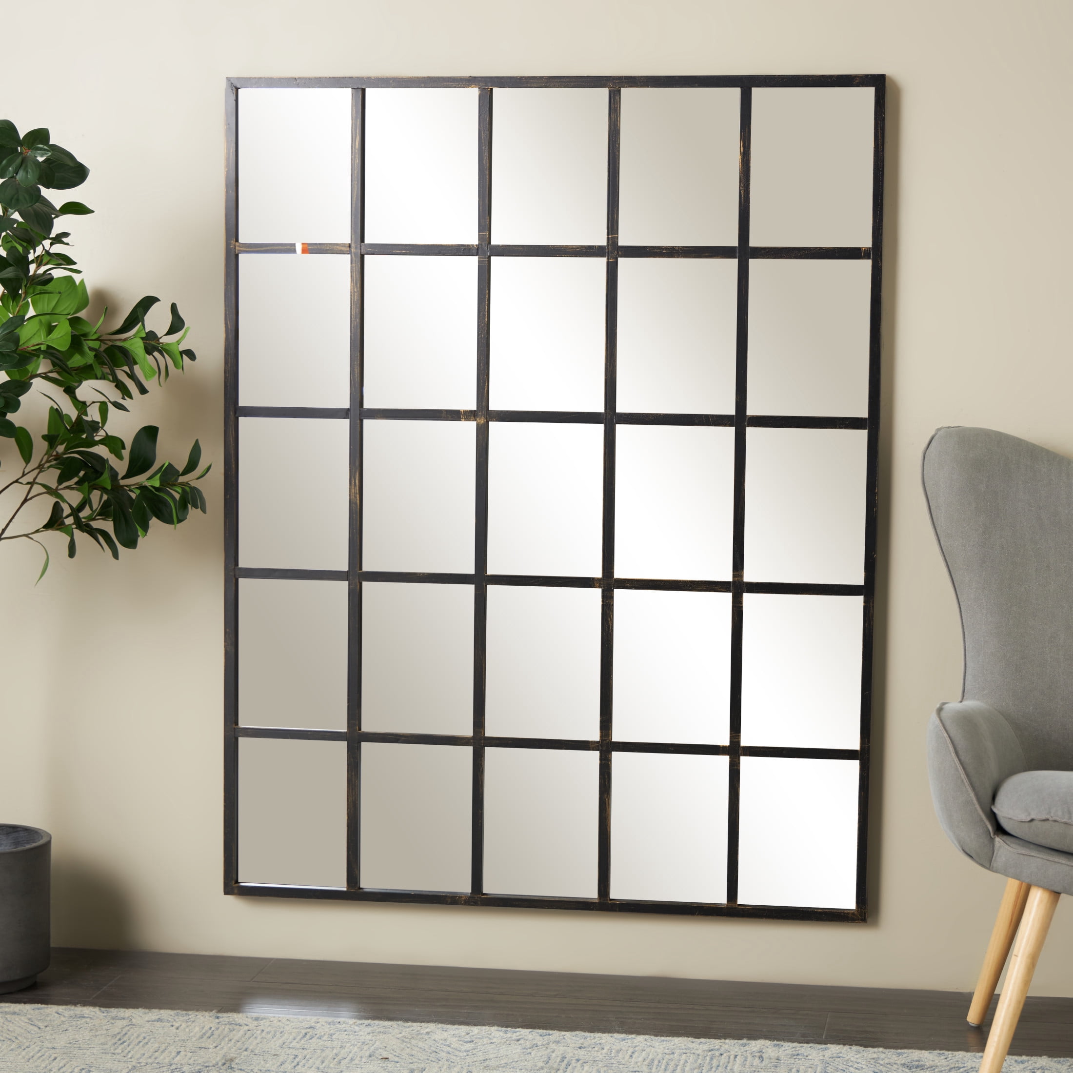 DecMode Contemporary Squre Wood Window Shaped Wall Mirror, 56"W x 44"H with Distressed Brass Colored Frame