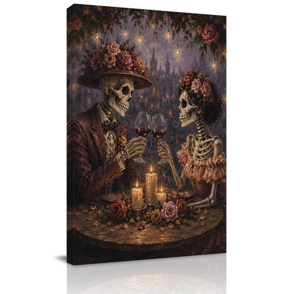 Canvas Wall Art, Halloween Framed Canvas Prints for Living Room Bedroom, Skeleton Couple Romantic Roses Flowers Fantasy Extra Large Gallery Wrapped Wall Decor for Home Office, Gifts, 24"x36"