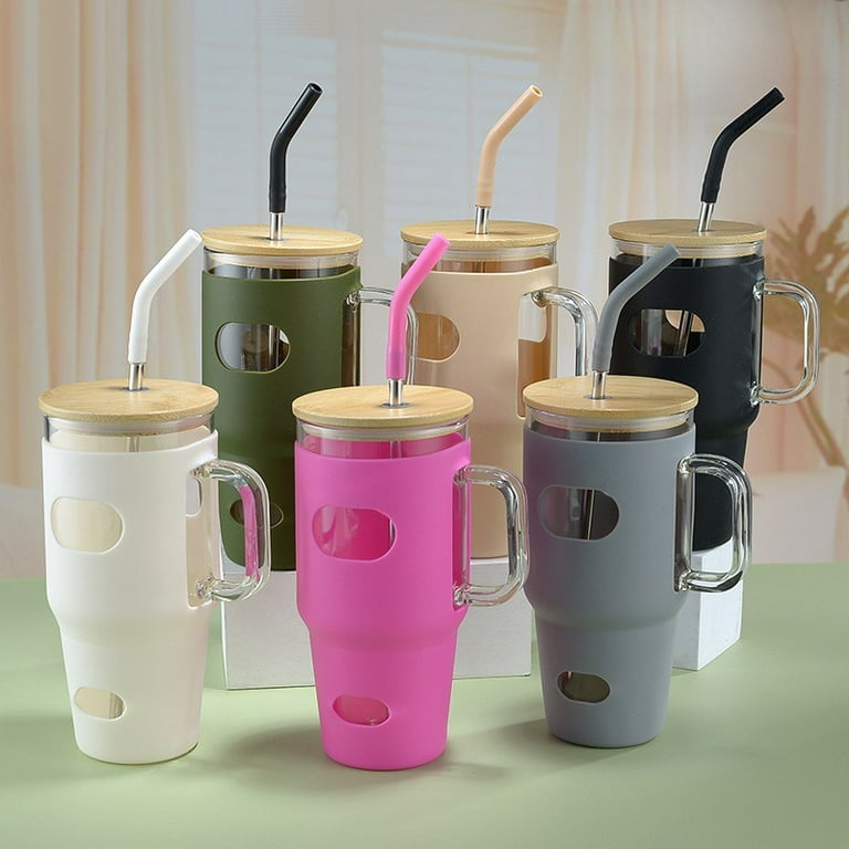 32 OZ Glass Tumbler with Handle, Glass Water Bottles with Leakproof Bamboo  Lid and Straw, Iced Coffee Cup with Silicone Sleeve and Time Marker, Fits  in Cup Holder Spill Proof BPA Free 